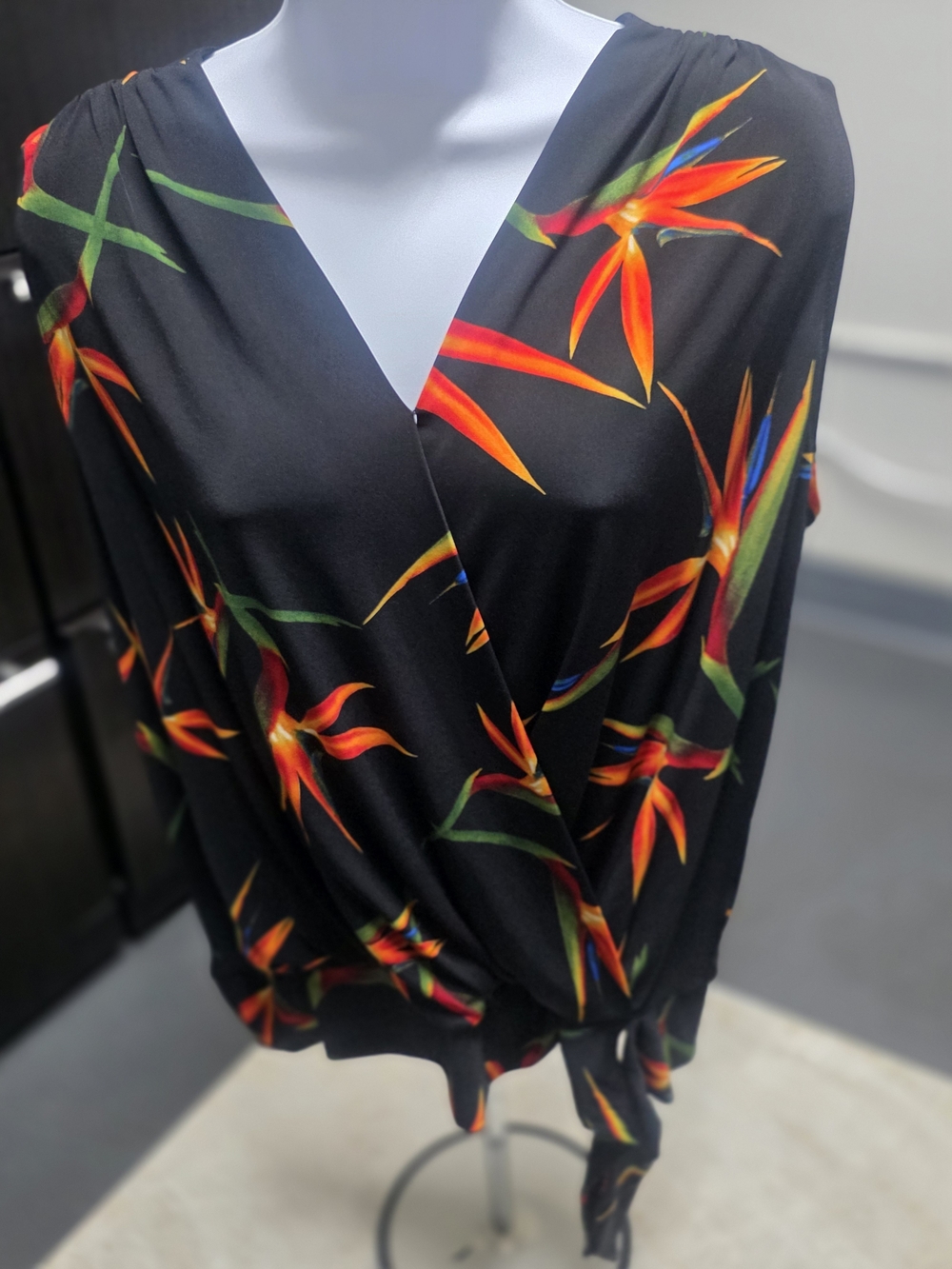 Tahari Black Wrap Blouse with Orange & Green Tropical Floral Print
